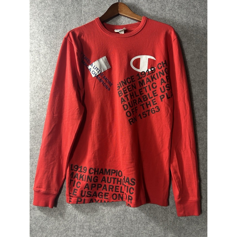 Champion Men's Medium Red Long Sleeve T-Shirt Wraparound All over Logo Patch